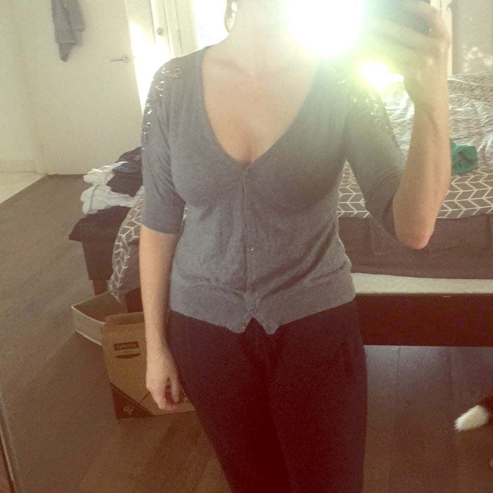 Studio Y gray cardigan beading small grey v-neck